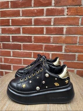 Karl Lagerfeld Black and Gold Platform Sneakers with Stud and Star Accents